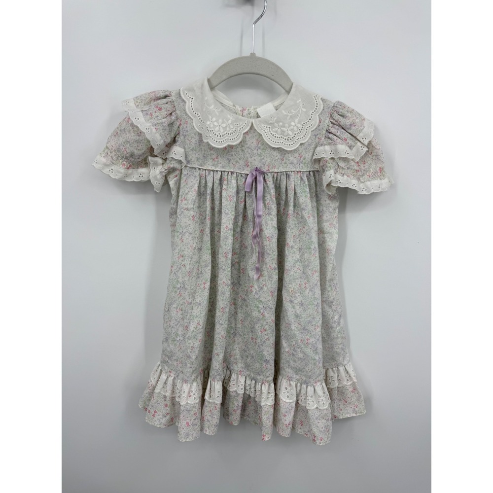 Bryan Vintage Floral Eyelet Dress Kids Size 5 Multicolor Ruffle Peter Pan Collar